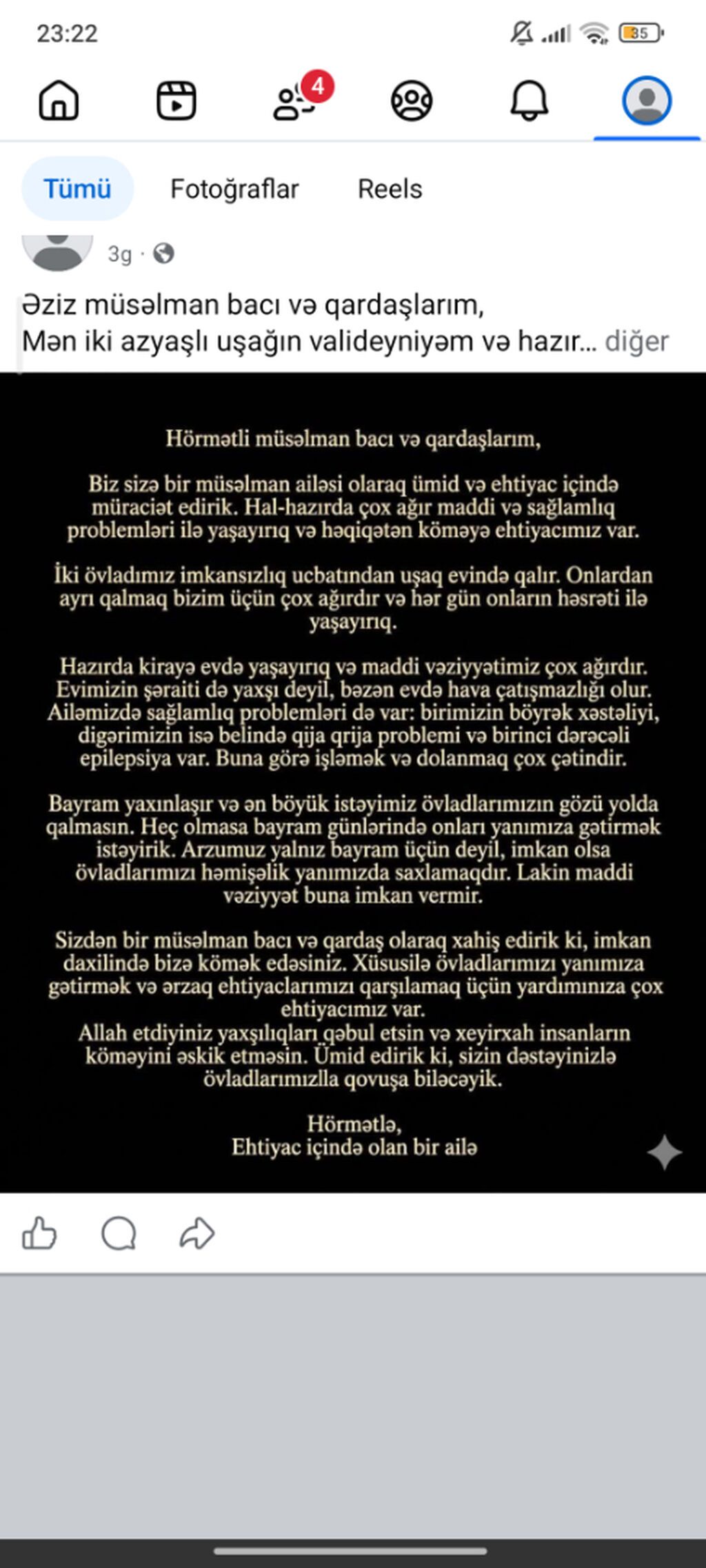 Xidmət: Maddi və ərzaq yardımı üçün müraciət Təsvir: - Ailə ciddi