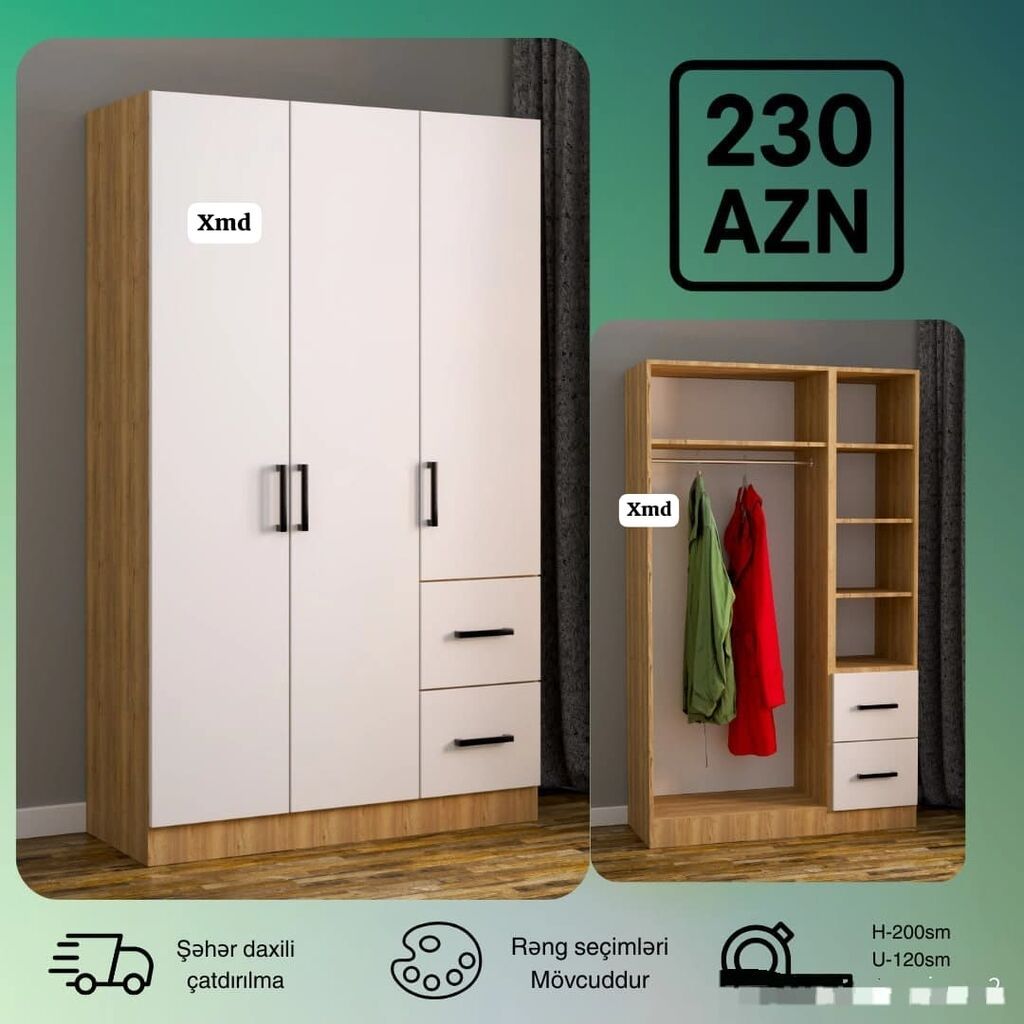 Üç qapılı geyim dolabı - Ölçülər: H-200 sm, U-120 sm - Material: ağ