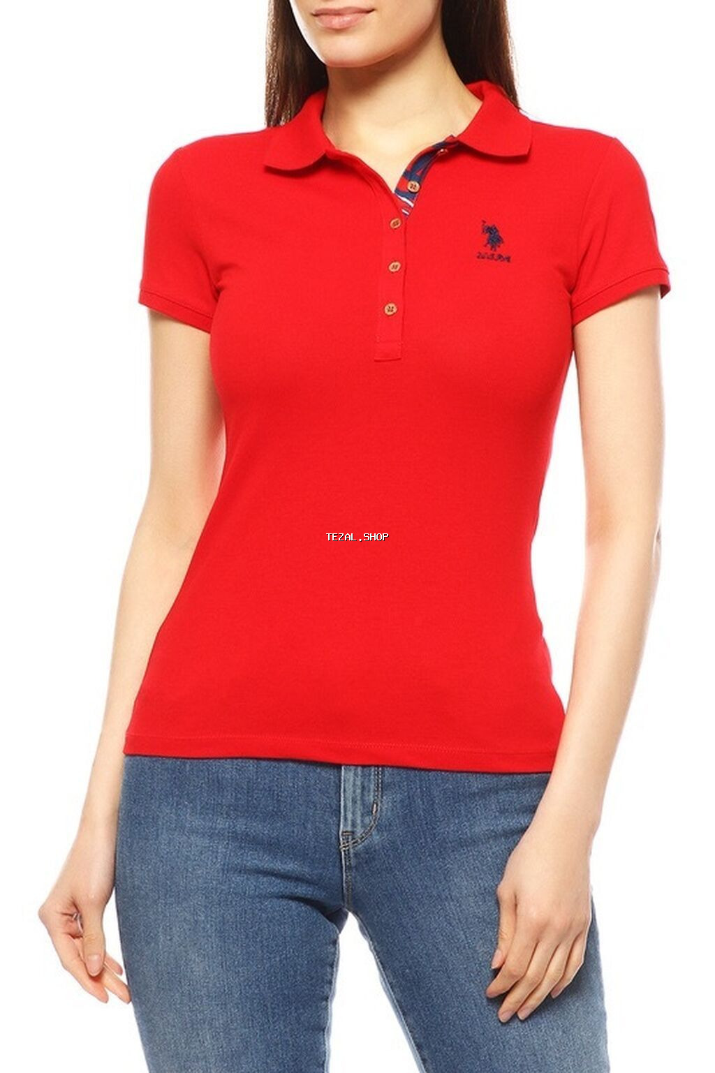 Qadın polo köynəyi – parlaq qırmızı rəng - Klassik polo yaxalıq - Ön