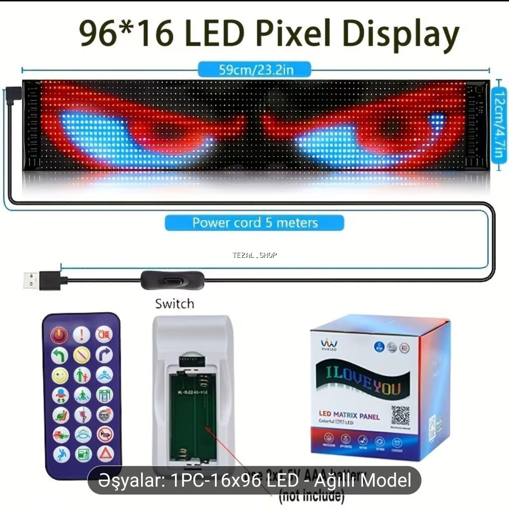 96x16 LED Piksel Ekran paneli - Ölçü: 59 sm (23.2 in) x 12 sm (4.7