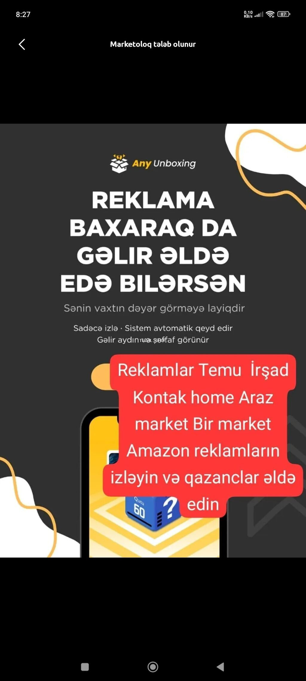 Any Unboxing – reklam izləmə ilə gəlir qazandıran mobil platforma