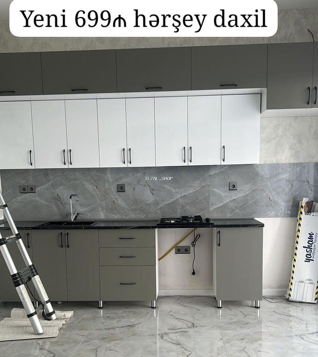 Mətbəx mebel dəsti - Üst və alt dolablar: iki rəng kombinasiya (ağ +