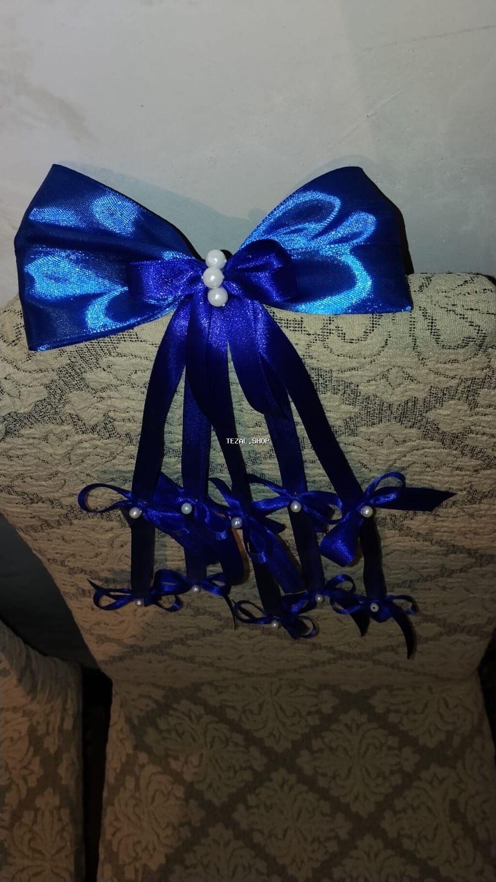 Mavi atlas lentdən hazırlanmış dekorativ bəzək dəsti - Parlaq