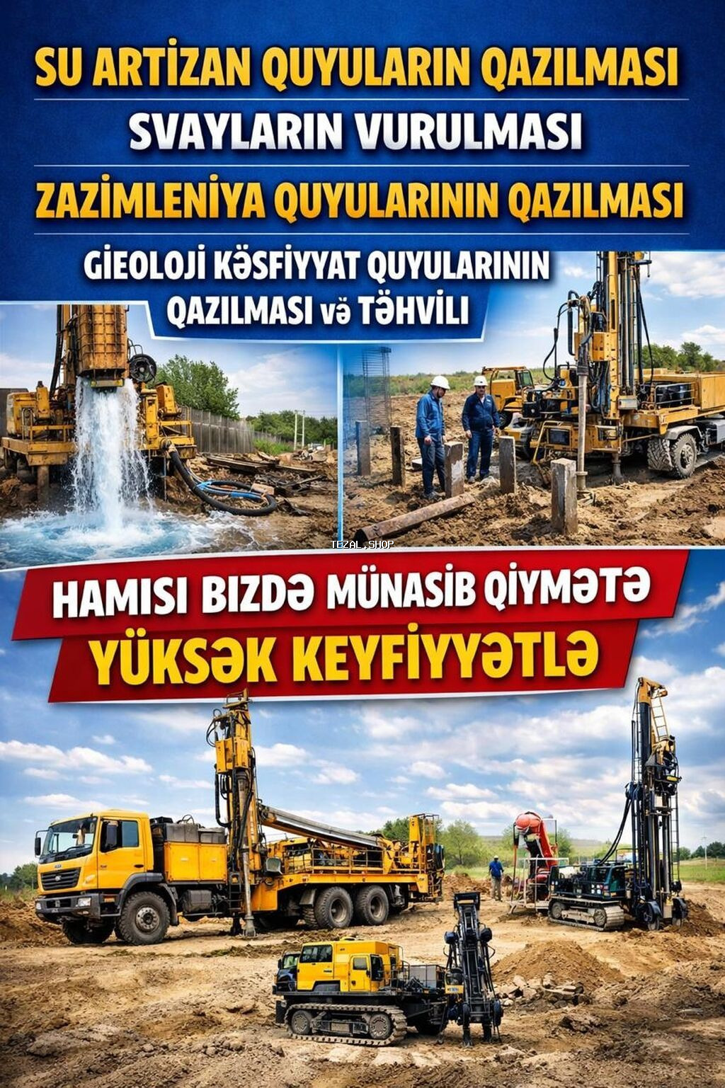 Su və geoloji sahələr üzrə qazma xidməti Təklif etdiyimiz işlər: - Su