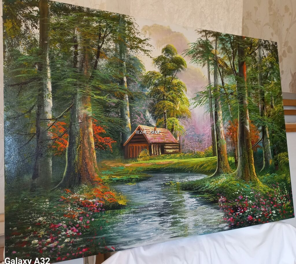 Meşə fonunda çay kənarında yerləşən kənd evinin təsvir olunduğu rəsm - şəkil 2