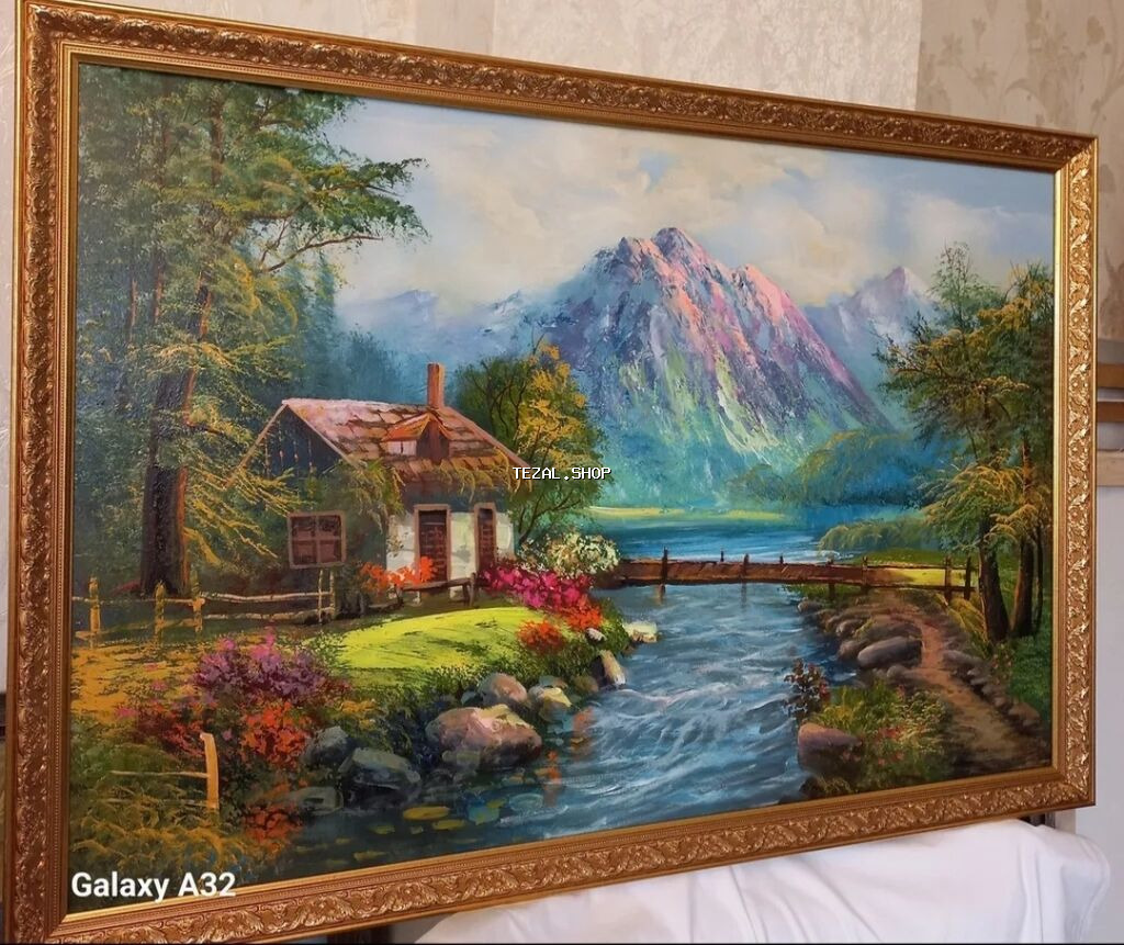 Meşə fonunda çay kənarında yerləşən kənd evinin təsvir olunduğu rəsm - şəkil 5