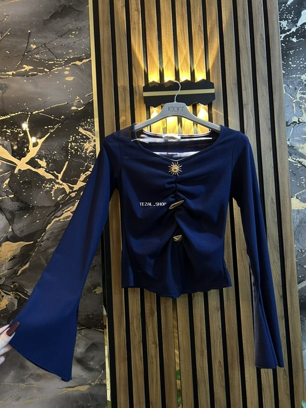 Qadın köynəyi – tünd göy rəng - Model: Uzunqol, truba tipli geniş