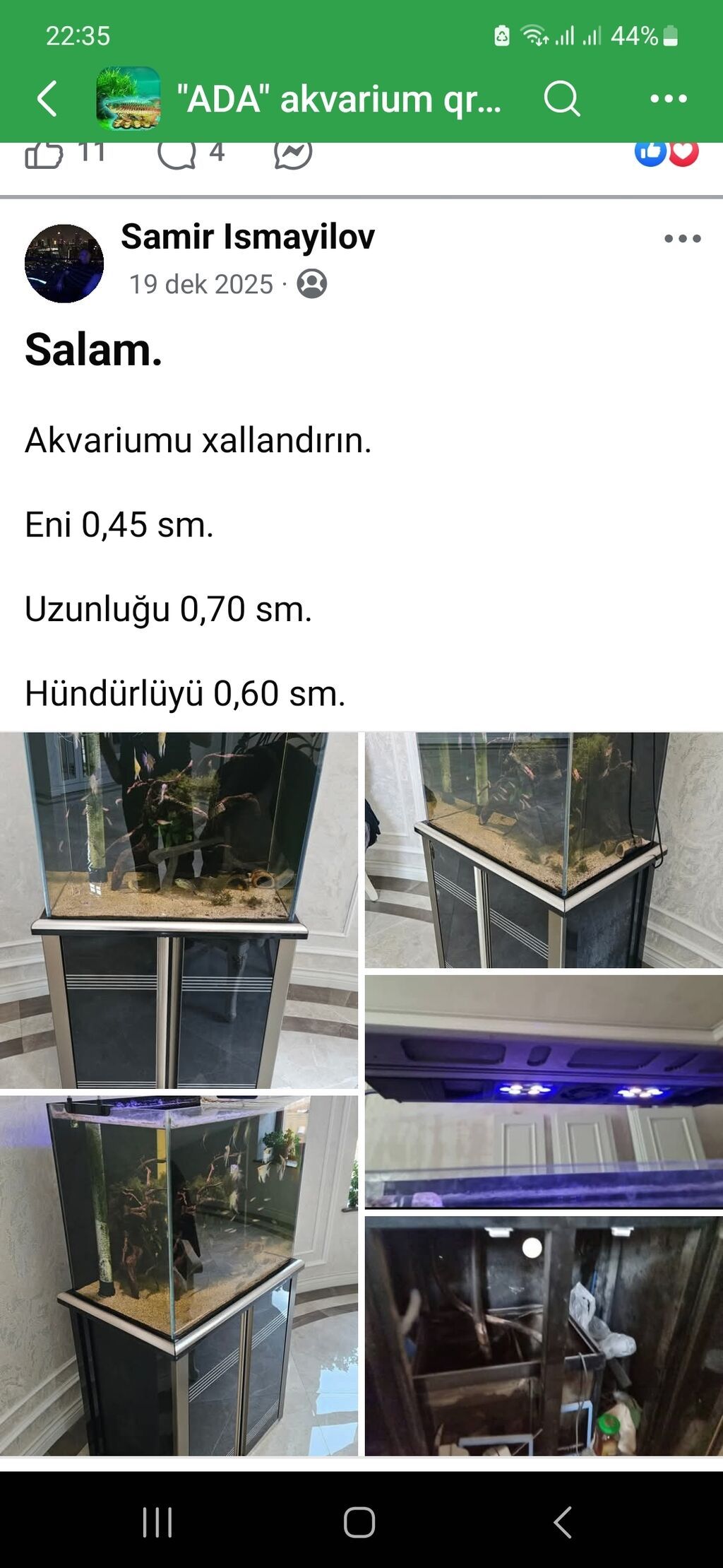 Akvarium dəsti Ölçülər: - En: 0,45 m - Uzunluq: 0,70 m - Hündürlük