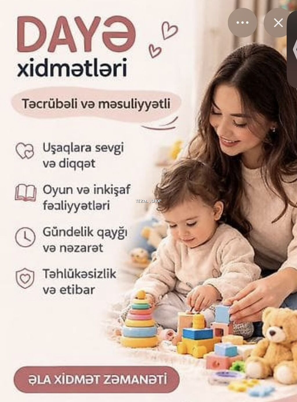 Daye xidmetleri Öz evimdə 3–10 yaş arası uşaqlara sevgi və yüksək