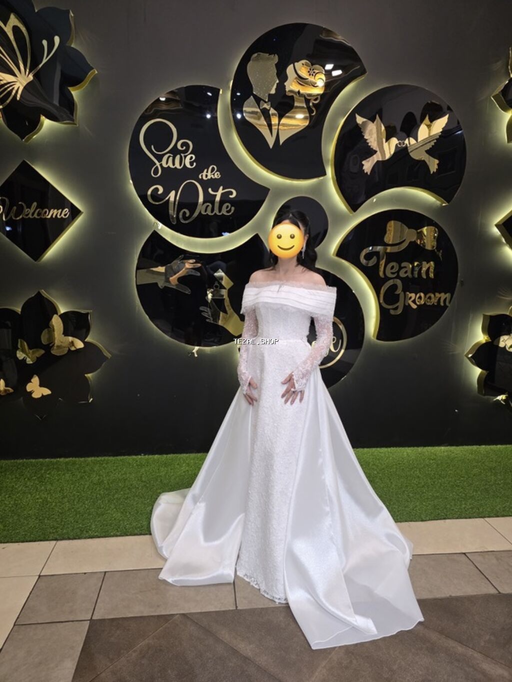 Ağ gəlinlik – zərif krujeva və payet işləməli - Model: “off-shoulder”