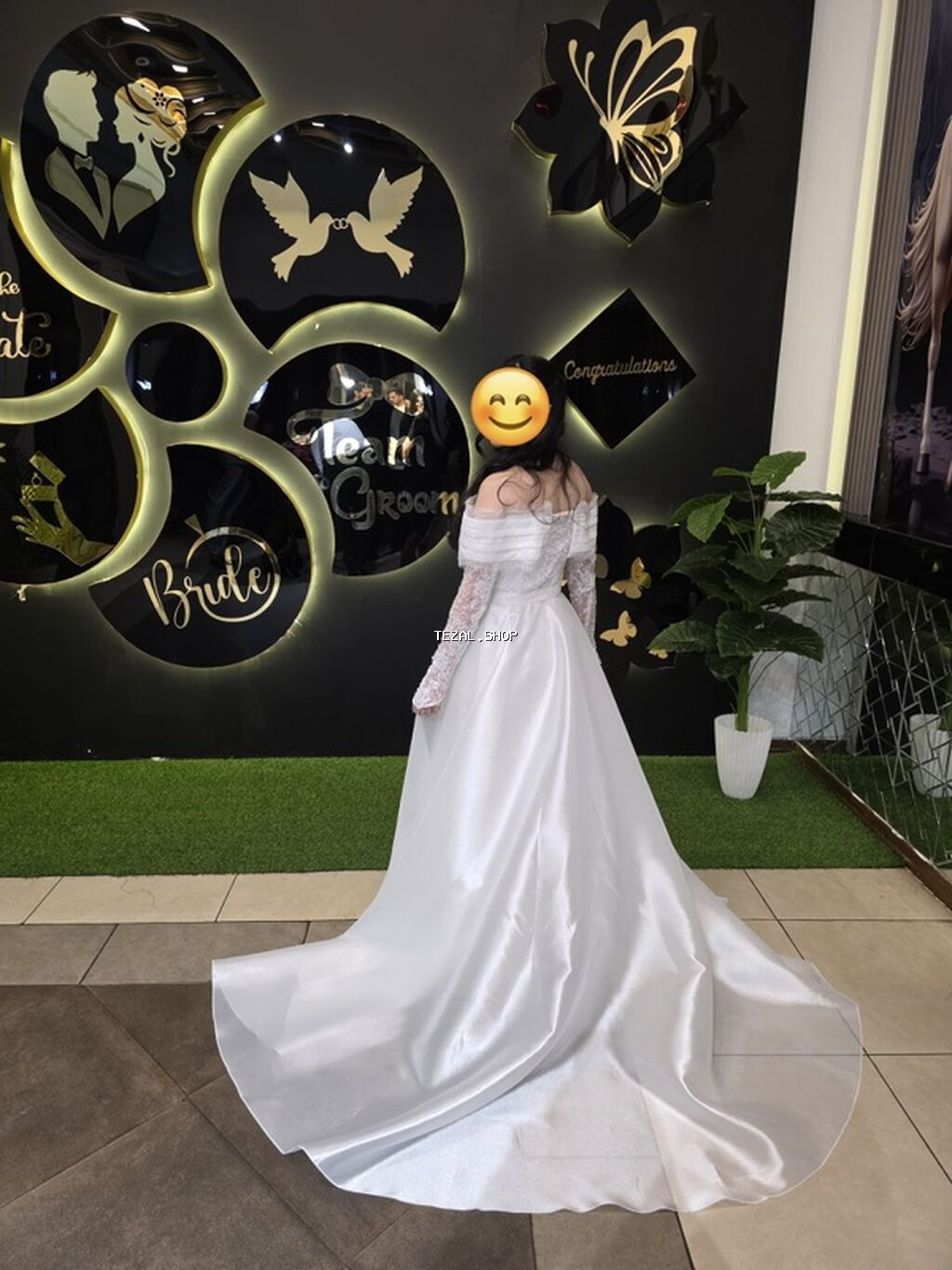 Ağ gəlinlik – zərif krujeva və payet işləməli - Model: “off-shoulder” - şəkil 2