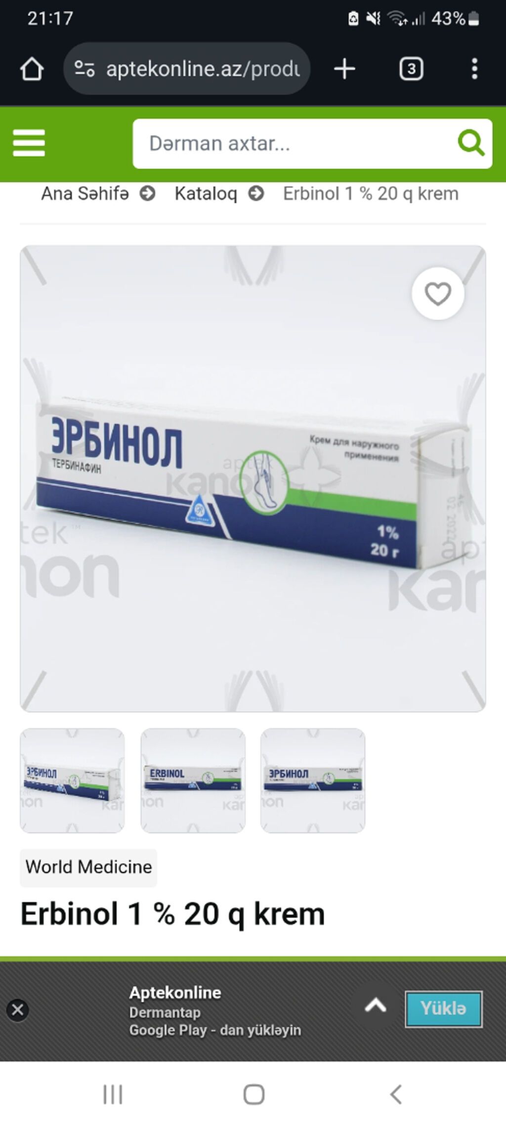 Erbinol 1% 20 q krem Məhsul: Antimantar krem Fəal maddə: Terbinafin