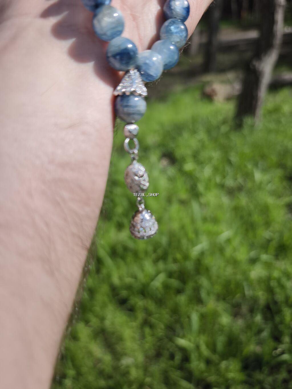 Mavi tonlarda təbii daşlardan yığılmış təsbeh/aksesuar - Sfera