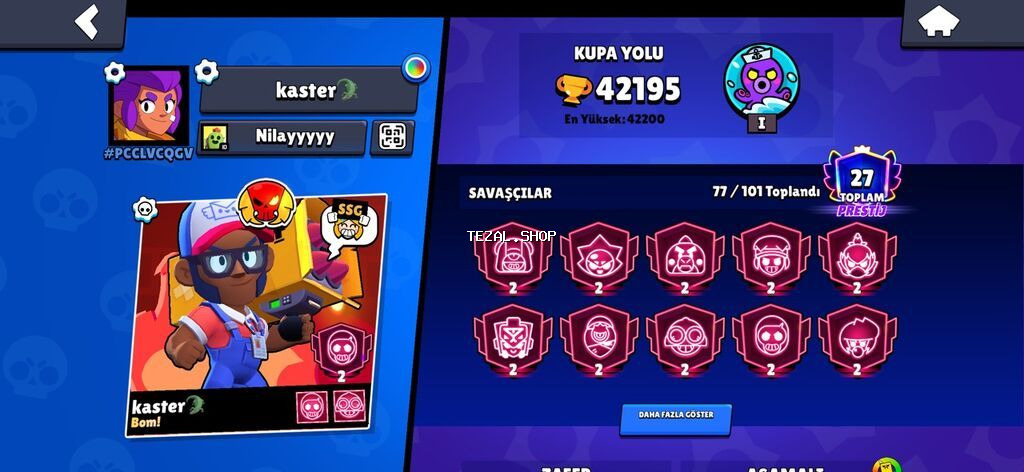 Brawl Stars oyun hesabı - Kupa: 42,195 (ən yüksək 42,200) - Prestij