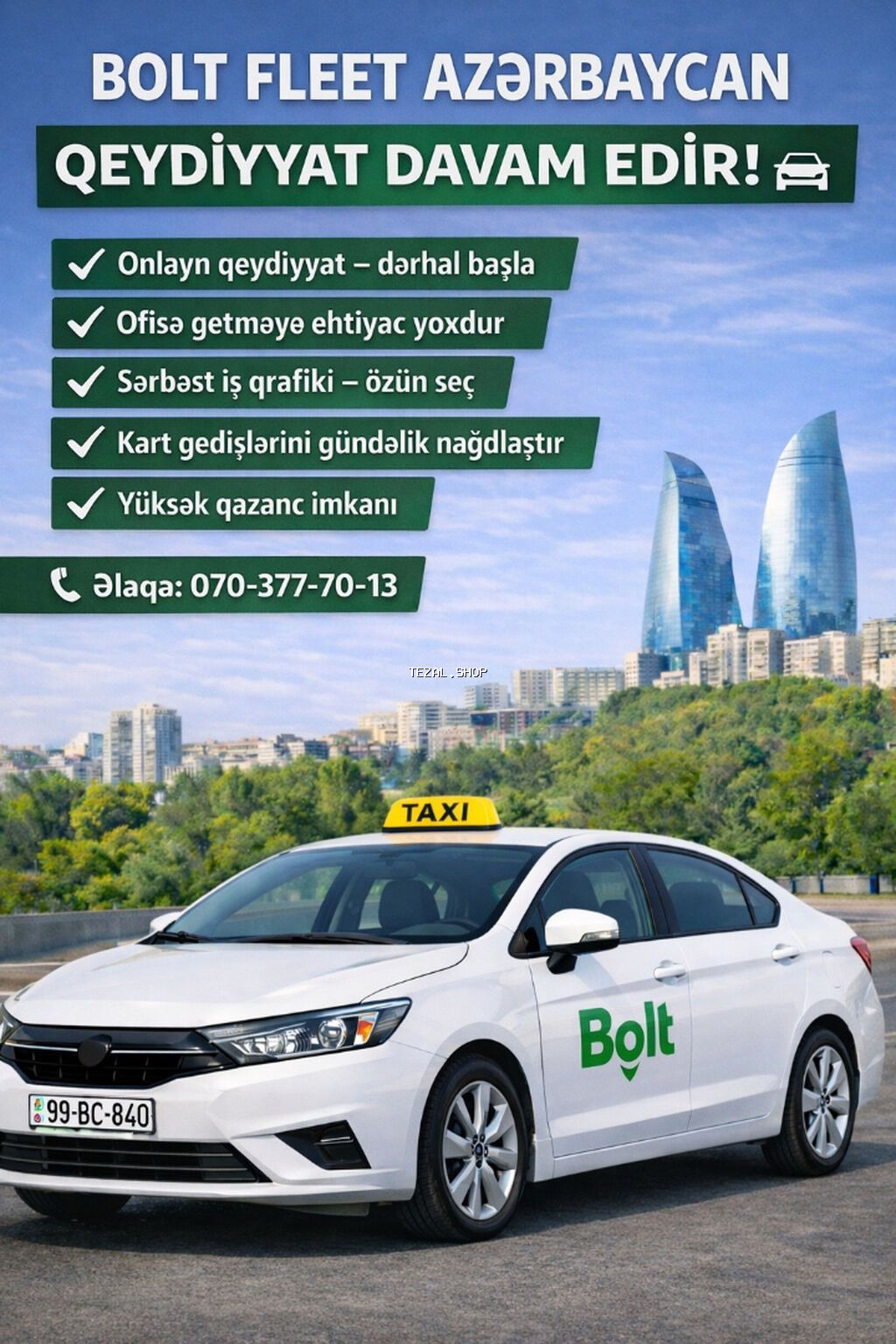 Taksi sürücüsü tələb olunur, Şəxsi nəqliyyat vasitəsi ilə, Gündəlik ödəniş, 1 ildən az təcrübə