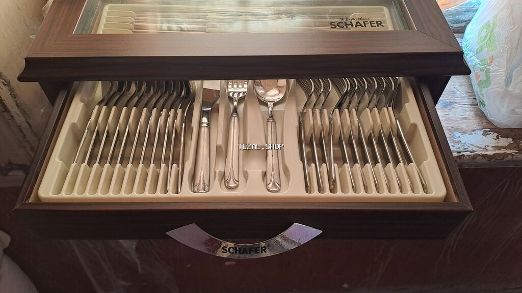 Schafer markalı bıçaq–çəngəl dəsti, şüşə qapaqlı taxta vitrin/qutu - şəkil 2