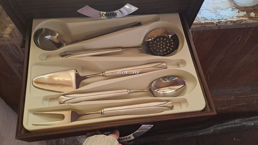 Schafer markalı bıçaq–çəngəl dəsti, şüşə qapaqlı taxta vitrin/qutu - şəkil 3