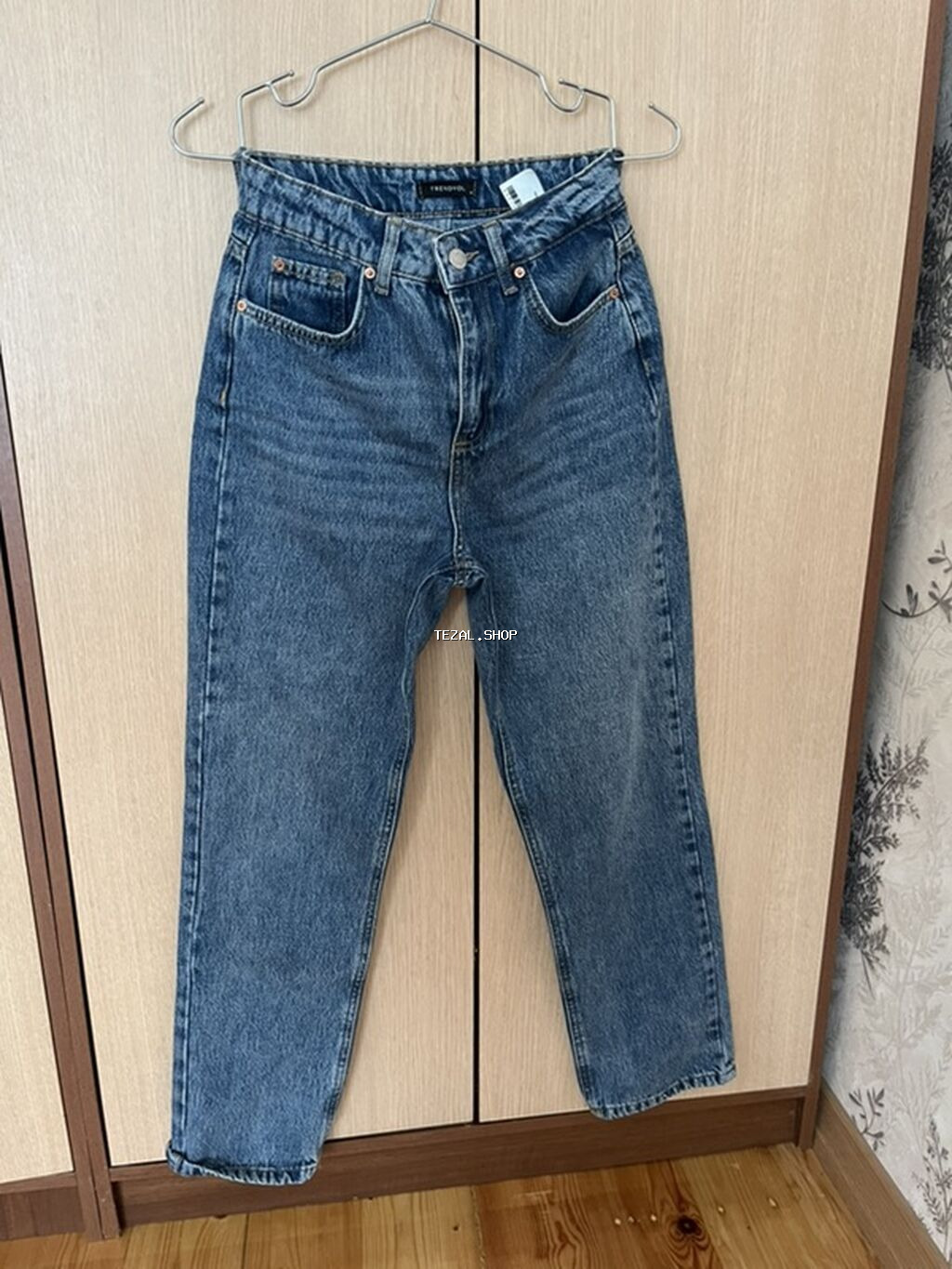 Yüksək belli mavi mom-fit cins şalvar -34 razmer -ölçü uyğun olmayb