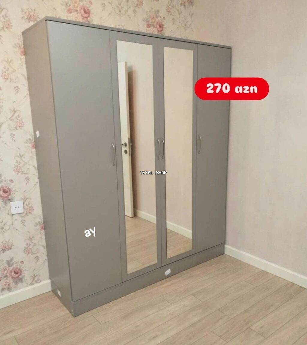 Güzgülü paltar dolabı - Rəng: boz - 4 qapılı konstruksiya - Orta