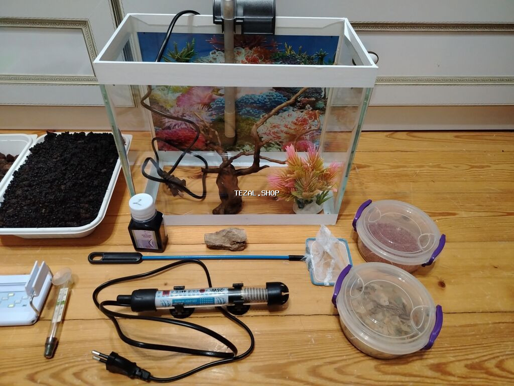 Akvaryum dəsti – tam komplekt - Şüşə akvaryum, ağ metal/PL çərçivə