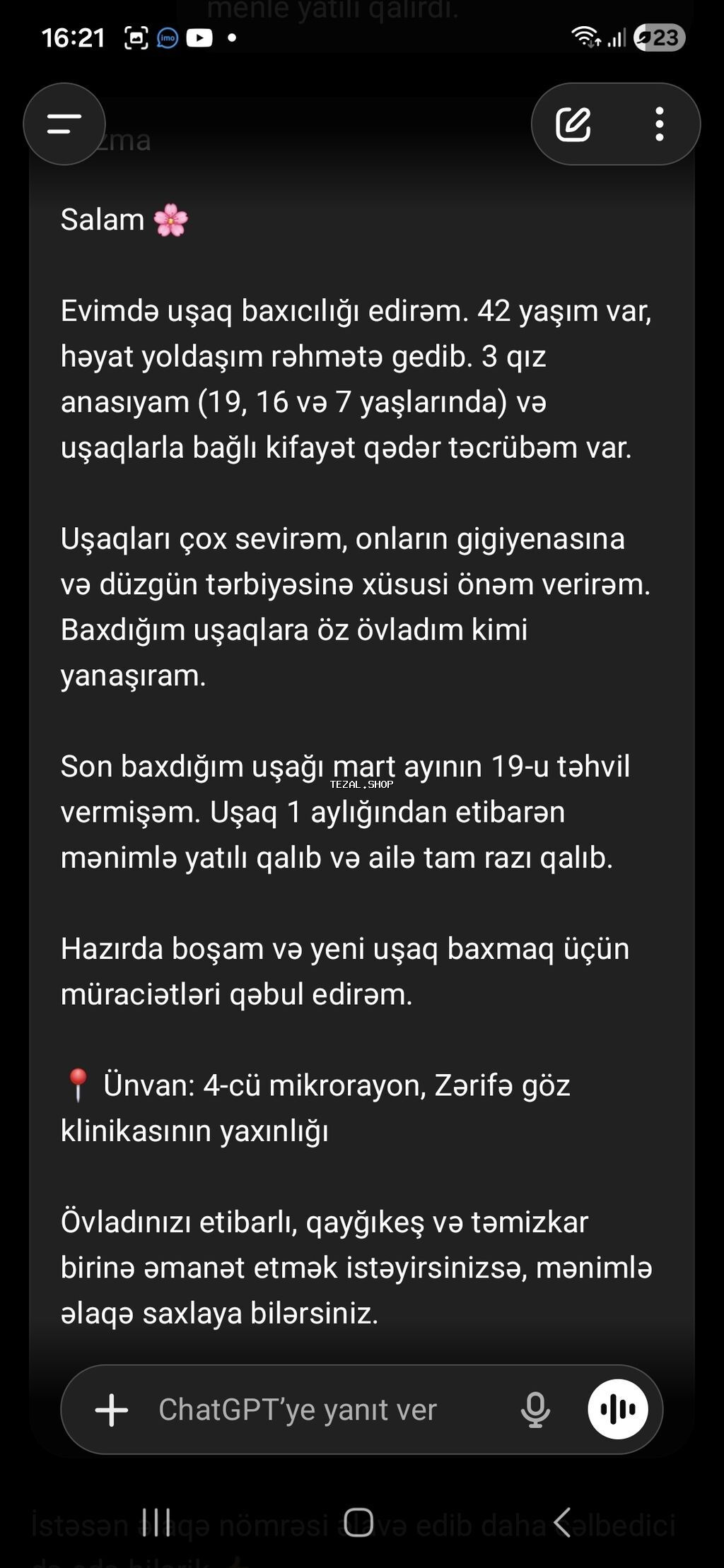 Uşaq baxıcılığı xidməti - Ev şəraitində uşaq baxımı təklif olunur. -
