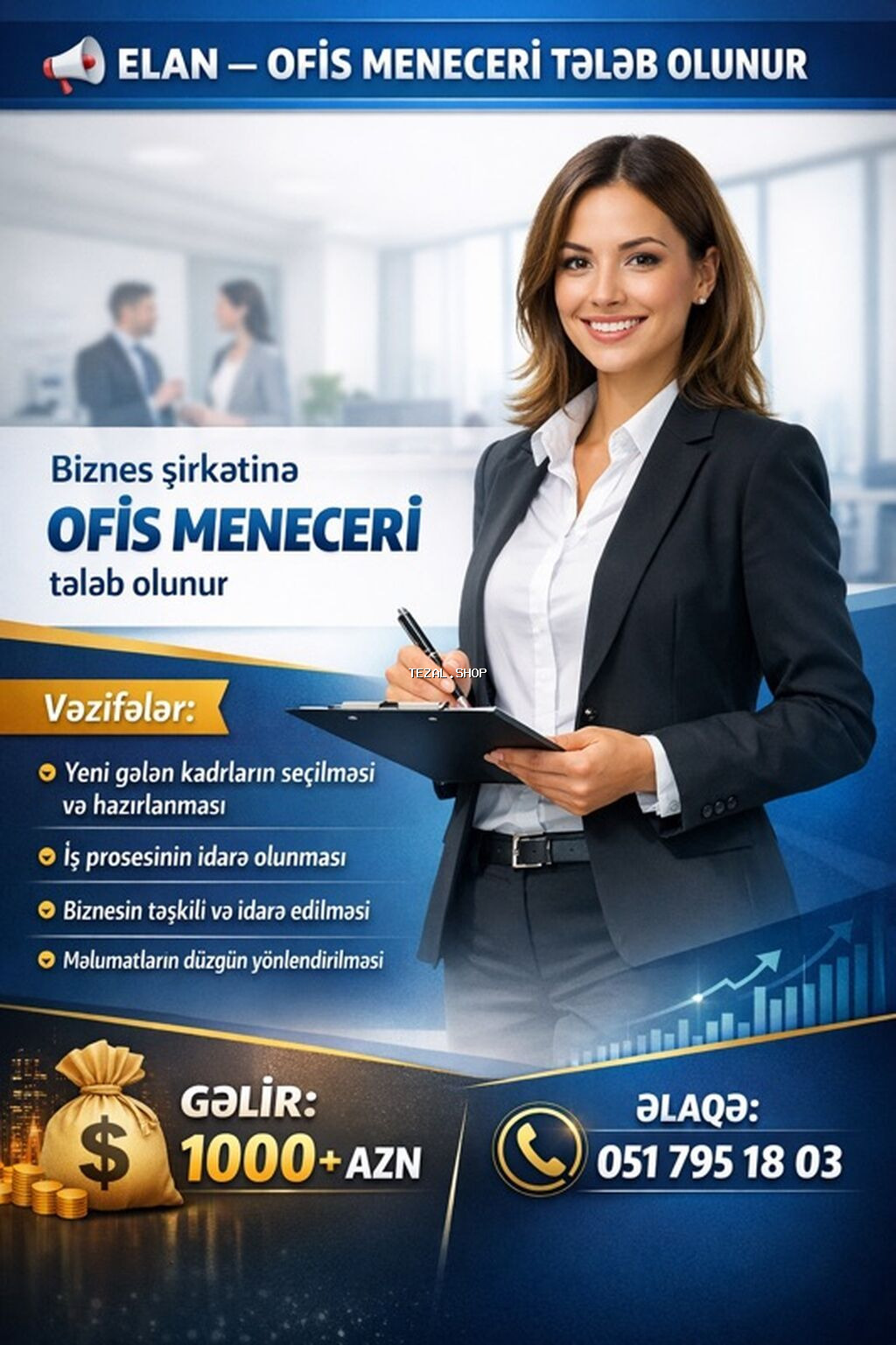 Ofis menecer, katib tələb olunur, İstənilən yaş, Təcrübəsiz