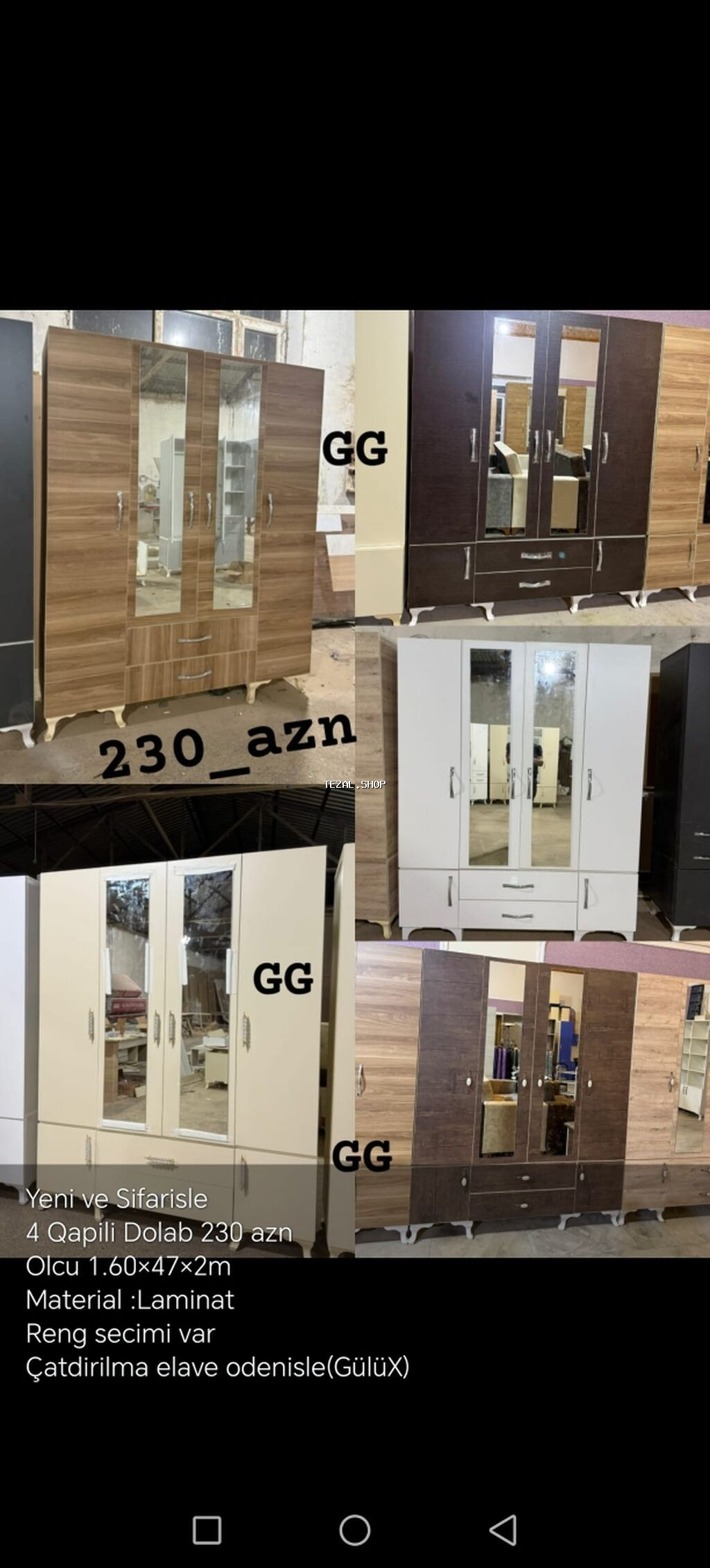4 qapılı geyim dolabı - Ölçü: 1.60 × 47 × 2 m - Material: laminat - - şəkil 2