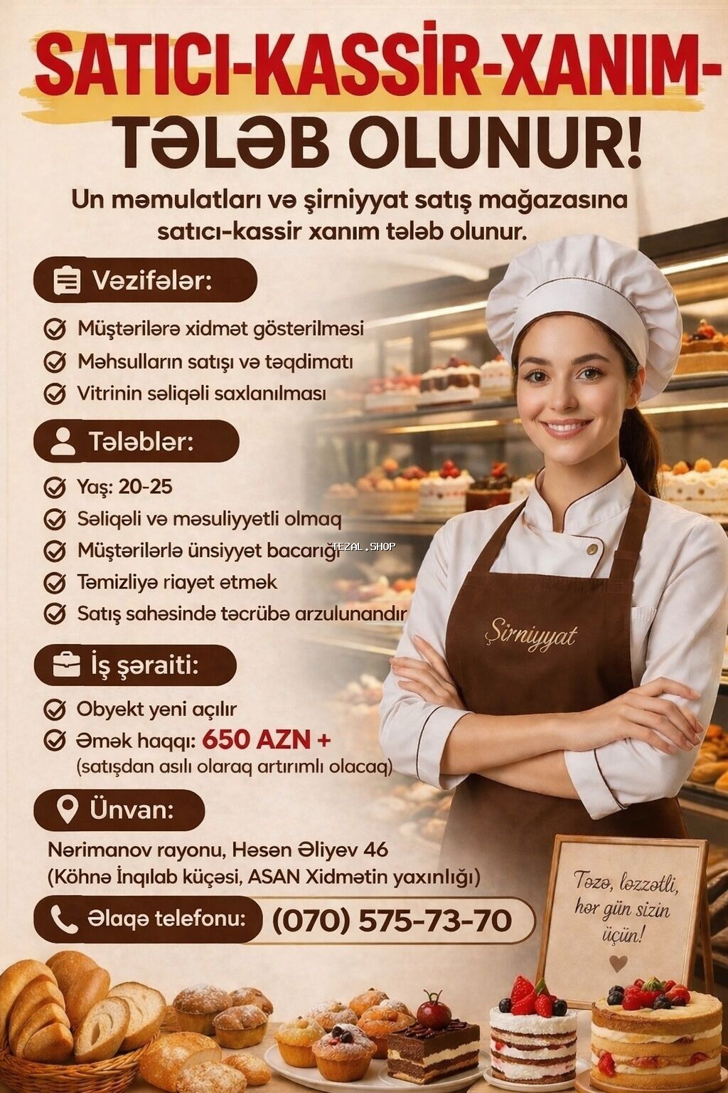 Kassir tələb olunur, Yalnız qadınlar üçün, 1-2 illik təcrübə, Aylıq ödəniş