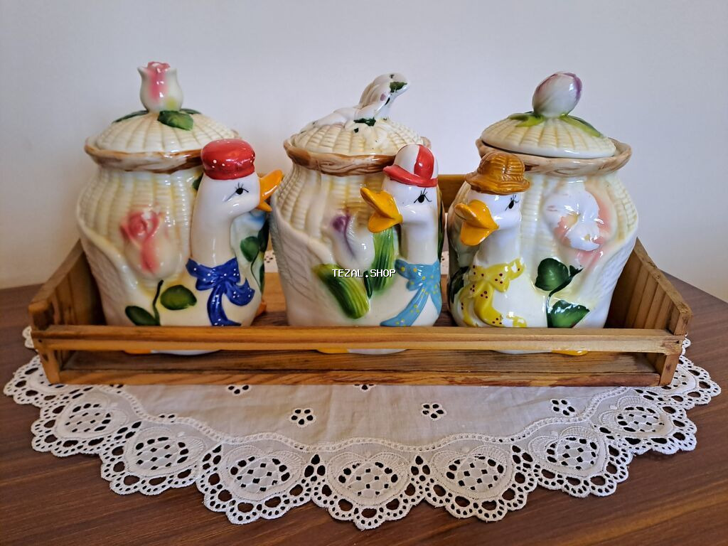 Dekorativ keramika dəst – ördək fiqurlu qablar - Qablar üçün taxta