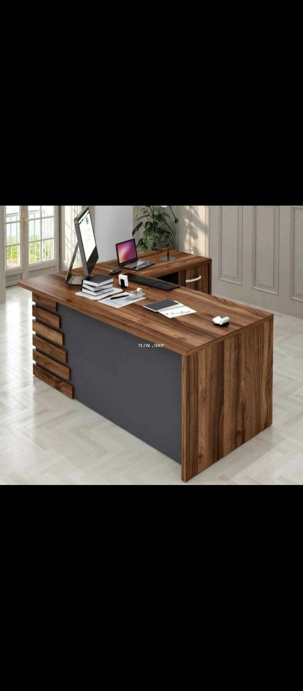 Ofis üçün L formalı rəhbər masa dəsti - Dizayn: Təbii ağac teksturalı