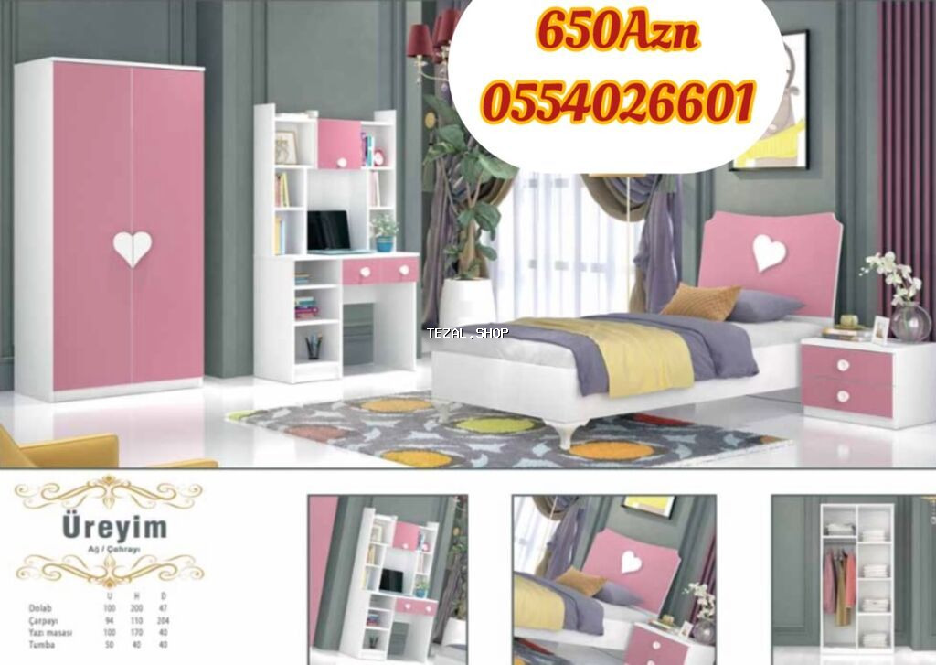 Oğlan və qız üçün, Yeni, Təknəfərlik çarpayı, Yazı masası, Dolab, Tumba - şəkil 2