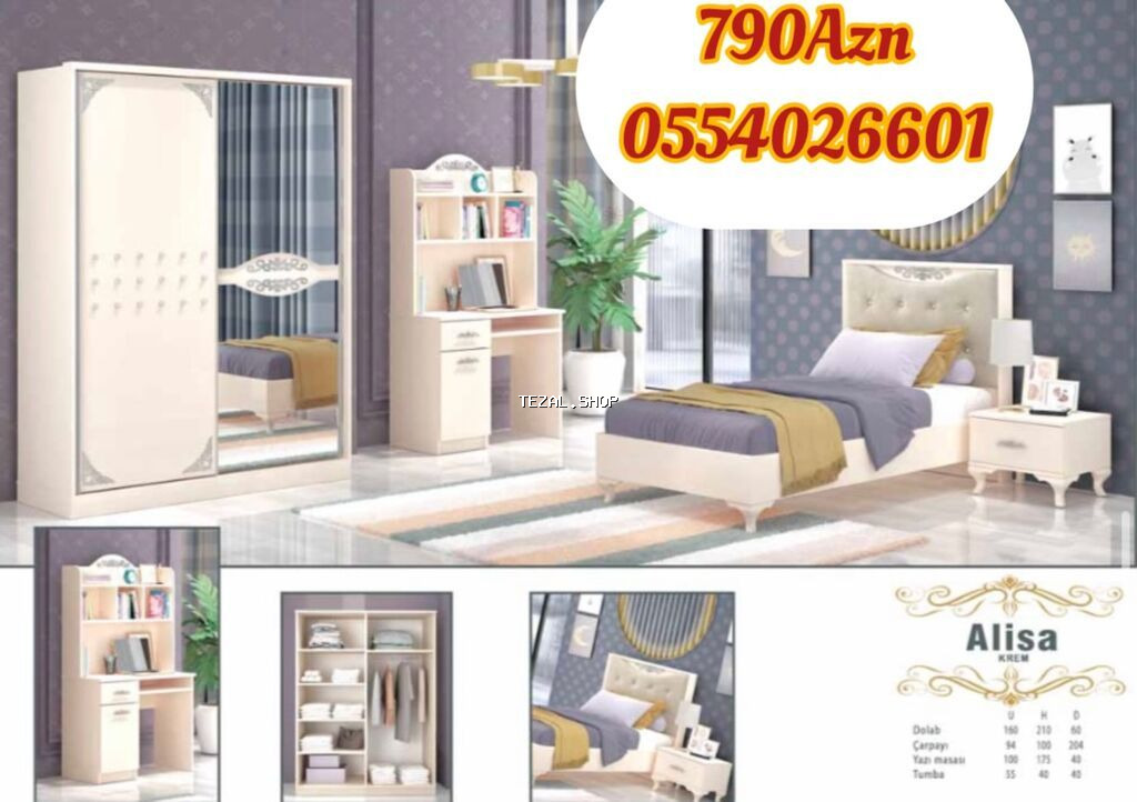 Oğlan və qız üçün, Yeni, Təknəfərlik çarpayı, Yazı masası, Dolab, Tumba - şəkil 4