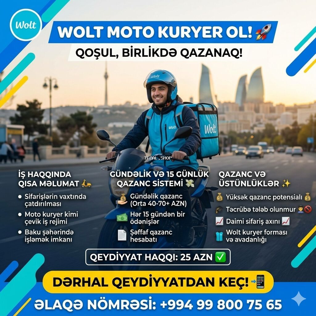 Moto-kuryer tələb olunur, Ayda 2 dəfə ödəniş, Təcrübəsiz
