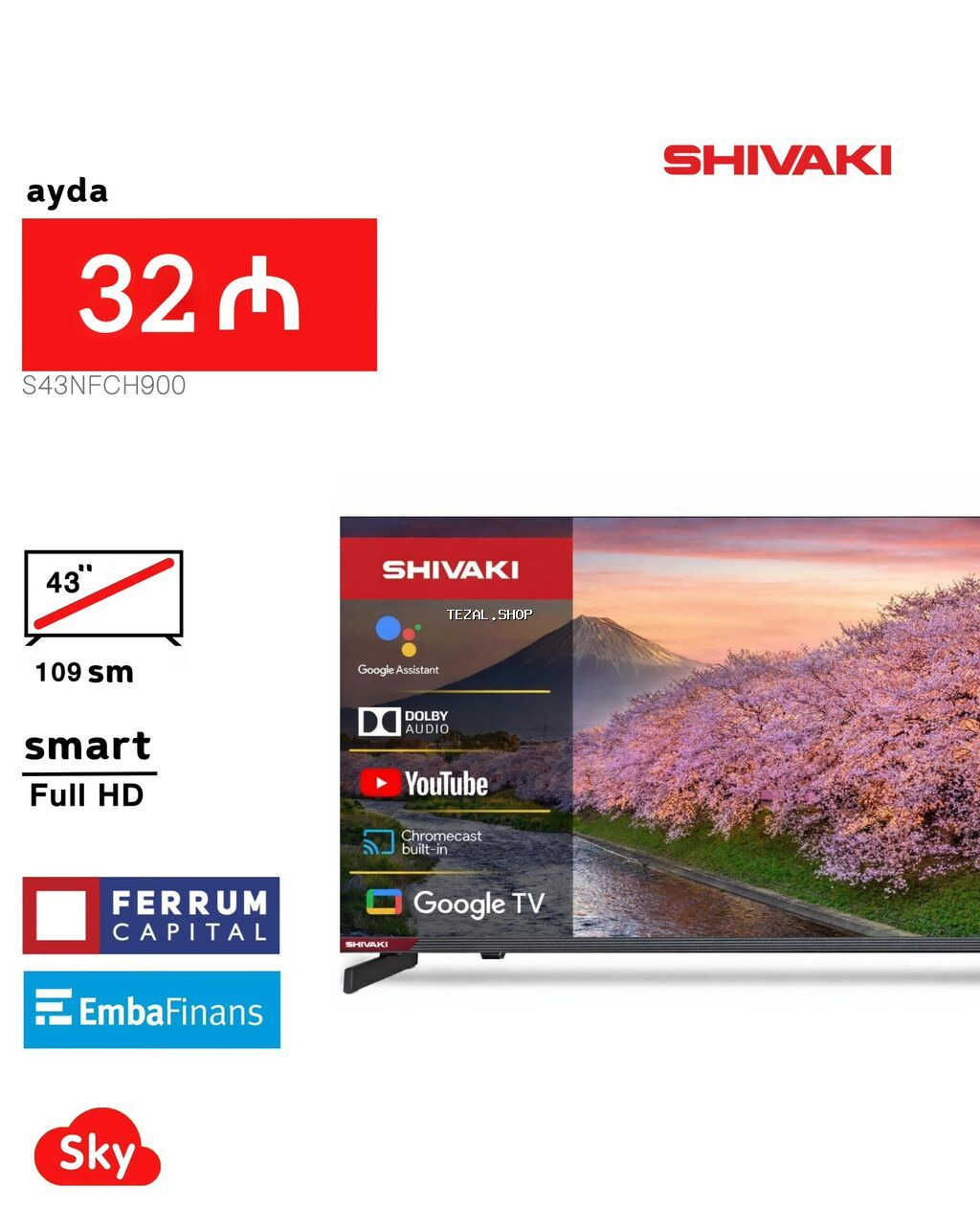 Yeni Televizor Shivaki 43" FHD (1920x1080), Pulsuz çatdırılma