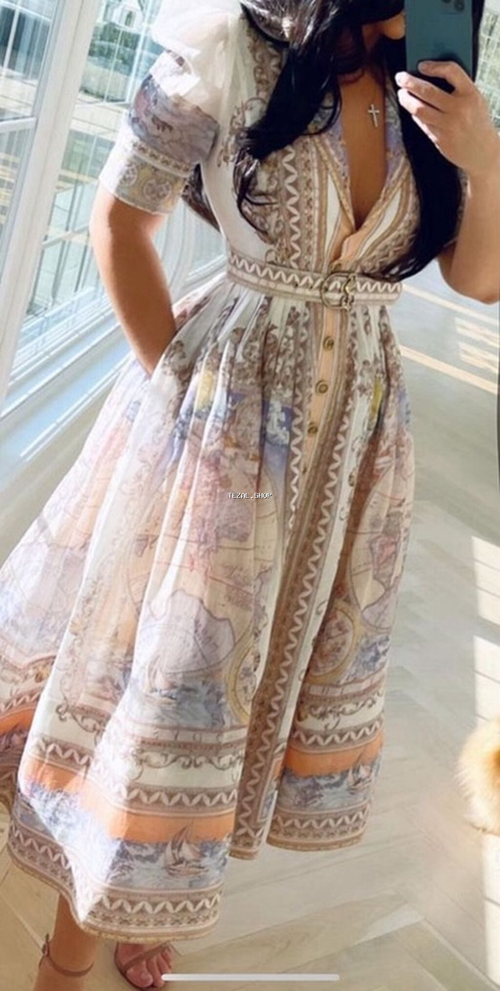 Zərif naxışlı qadın paltarı - Model: Midi uzunluqda, A-kəsim ətəkli