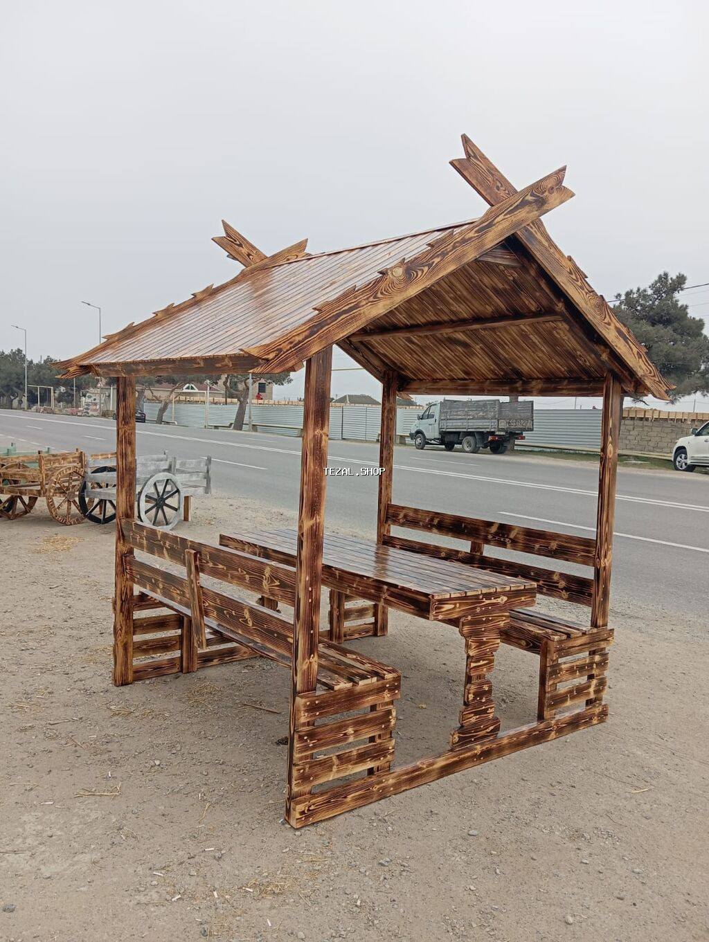 Dördbucaq masa, 6 stul, Açılmayan, Skameykalar ilə, Taxta - şəkil 3