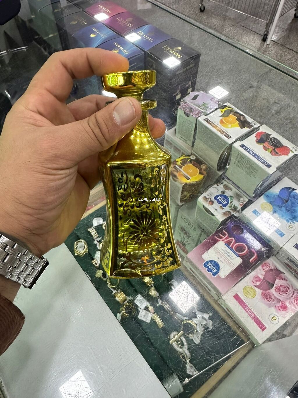 Ətir saxlamaq üçün şüşə qab - Material: qalın şüşə, metalik qızılı - şəkil 2