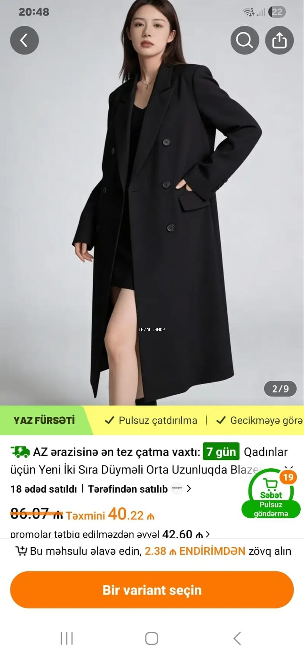 Qadınlar üçün iki sıra düyməli, orta uzunluqda qara blazer/palto tipli