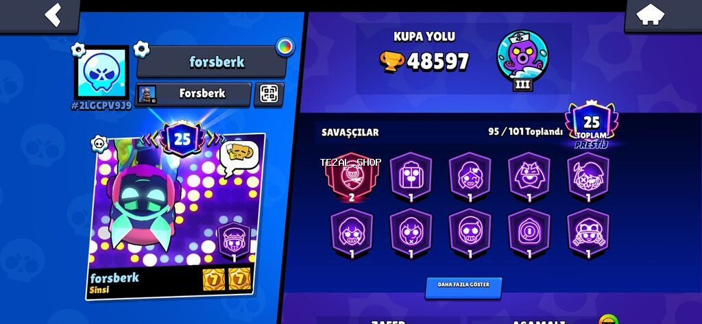 Brawl Stars hesabı – “forsberk” - Kupa: 48 597 - Prestij: 25 - Klub