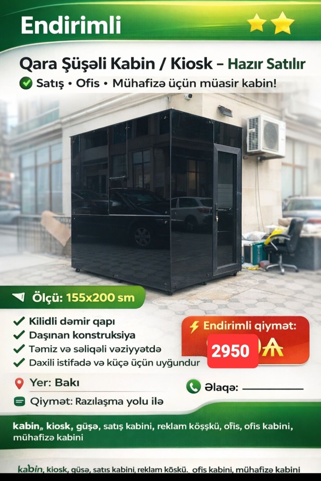 Qara Şüşəli BUTKA Kabin / Kiosk – Hazır 💼 Satış • Ofis • Mühafizə üçün