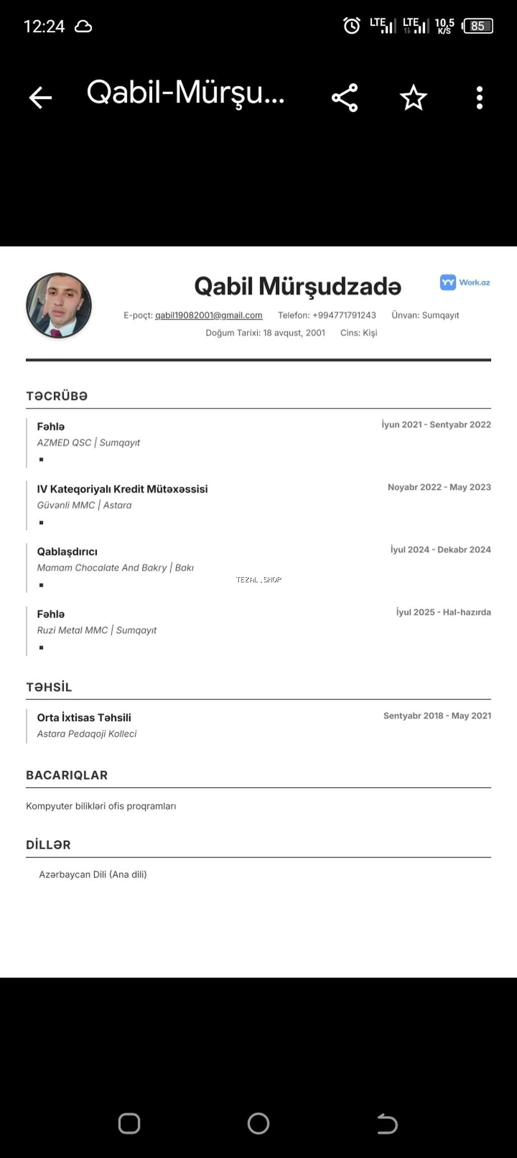 Salam Qablaşdırıcı və ya Fəhlə işi axtarıram iş yerləri barədə Cv