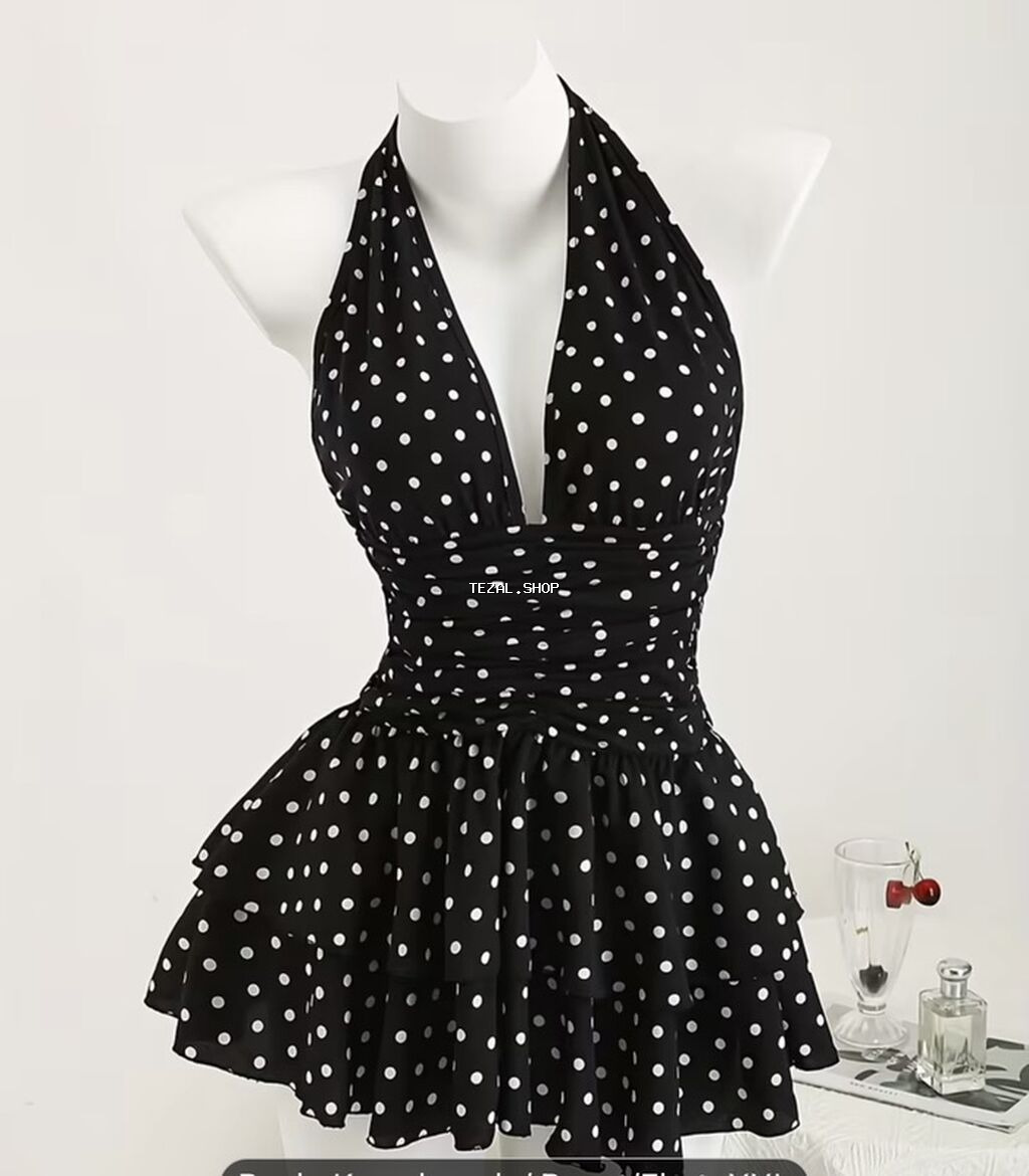 Qara-ağ xallı qadın mayo/plaş-mayo - Rəng və naxış: Qara fonda ağ