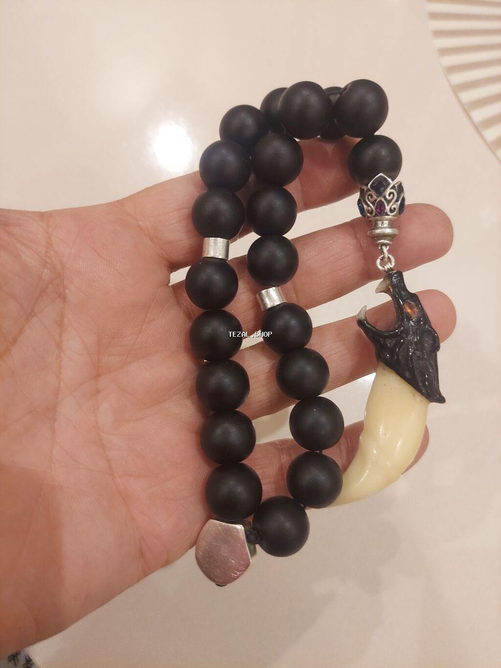 Təsbeh – bədii dizaynlı, canavar başlığı təbii canavar dişi və 925