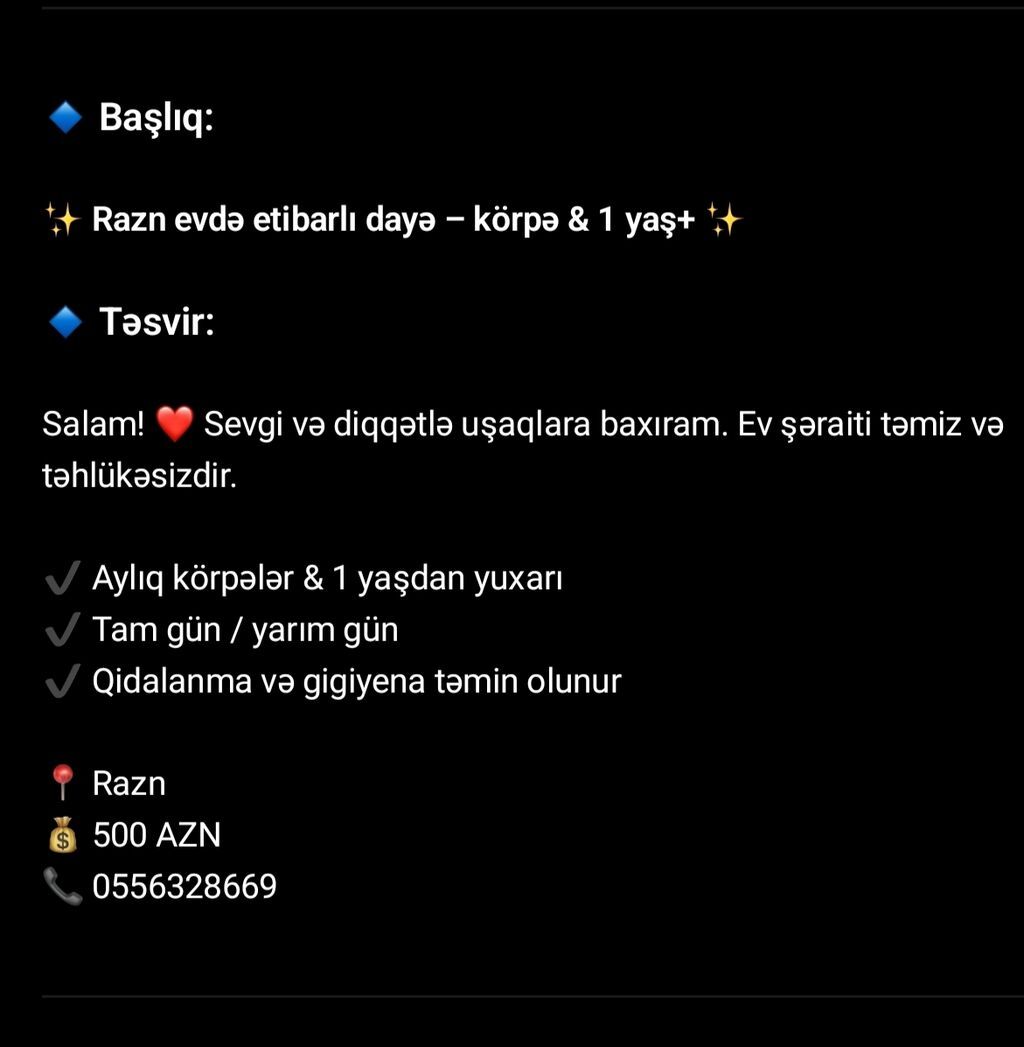 Dayə xidməti Öz evimdə uşaqlara sevgi və qayğı ilə baxıram. Səbirli