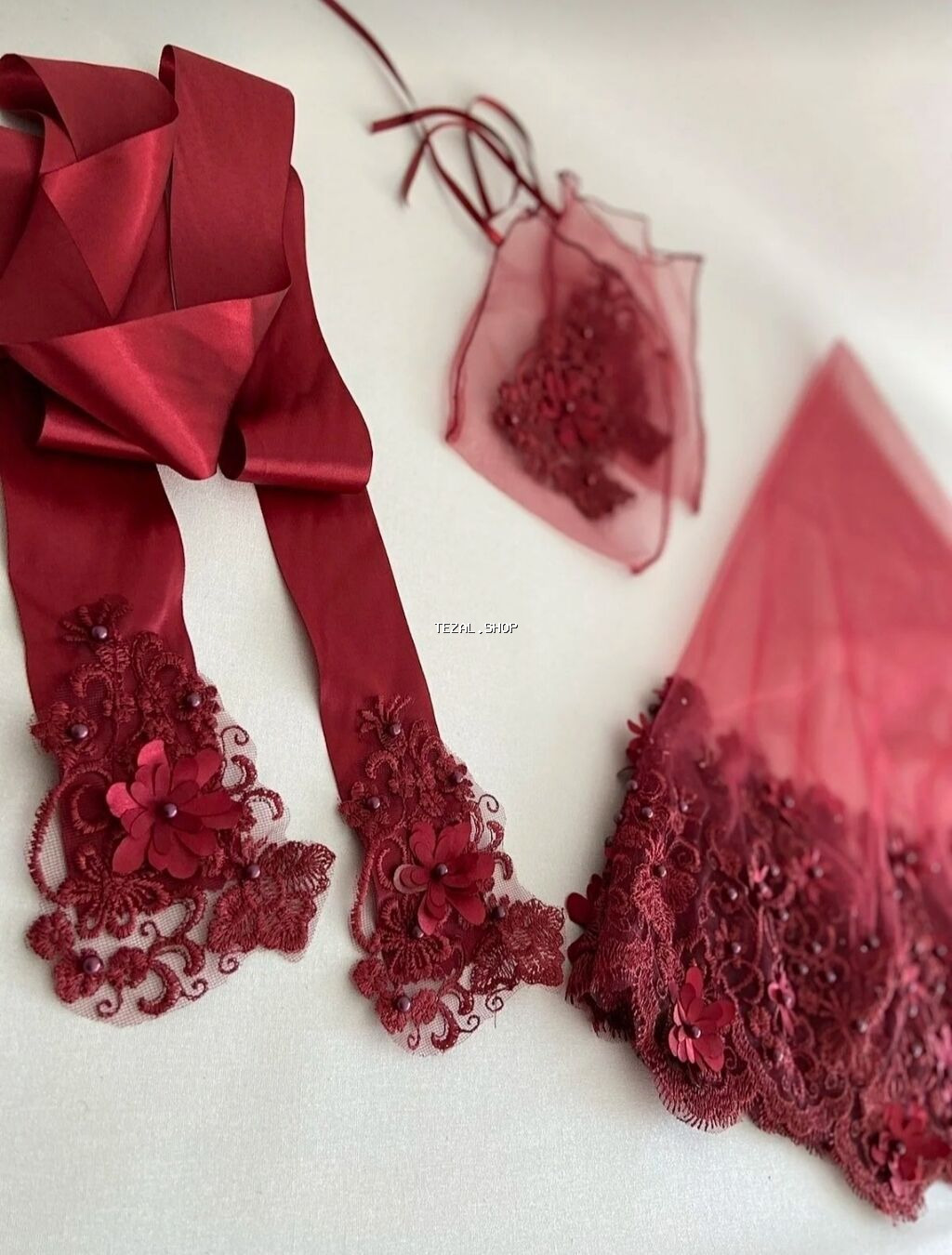 Qırmızı “xına gecəsi” dəsti - Lüks xına örtüsü: tül material - şəkil 4