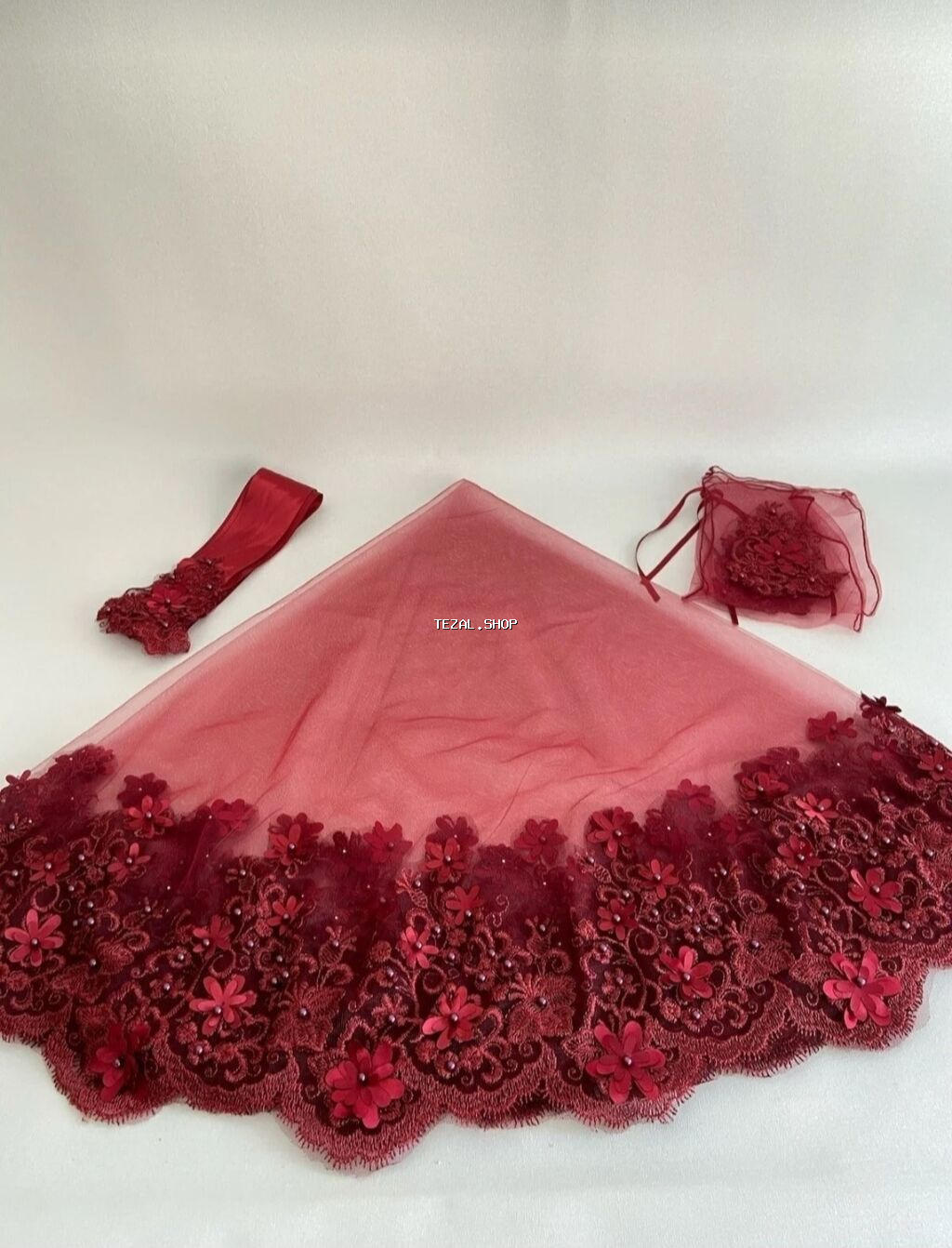 Qırmızı “xına gecəsi” dəsti - Lüks xına örtüsü: tül material - şəkil 5