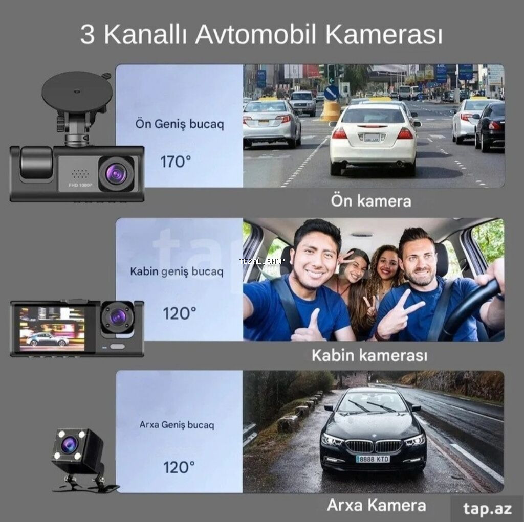 Üç kanallı avtomobil videoqeydiyyatçısı (ön + salon + arxa kamera) - şəkil 4