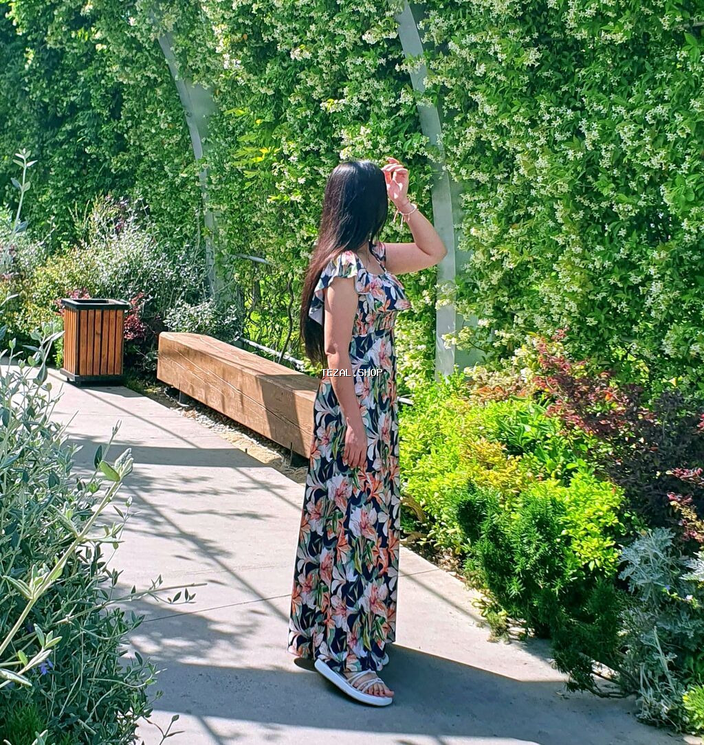 Uzun çiçək naxışlı yay donu - Model: Maxi uzunluqda, qolsuz/qatlamalı