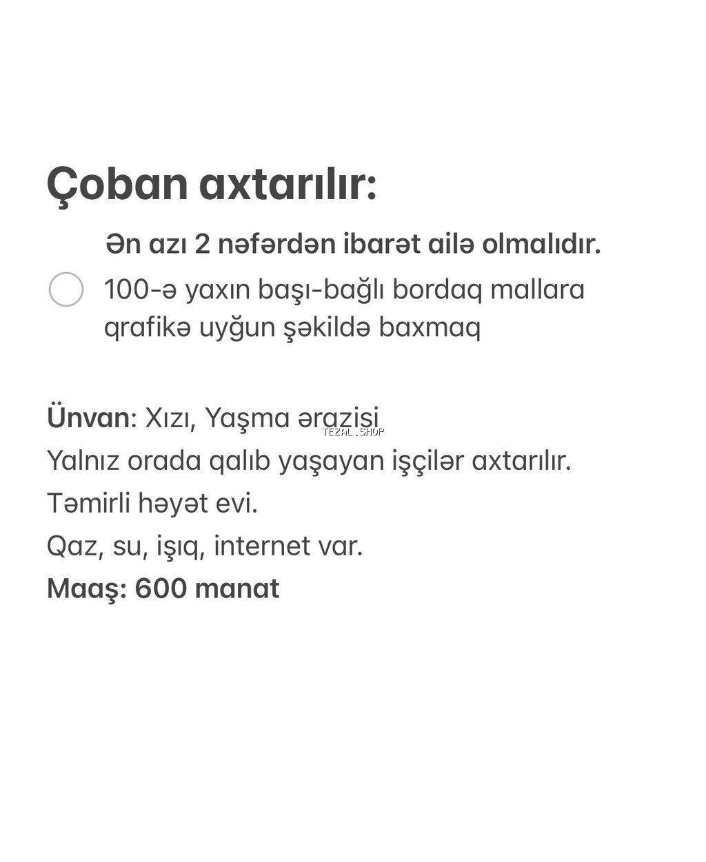 Çoban ailəsi axtarılır: Ən azı 2 nəfərdən ibarət ailə olmalıdır. -