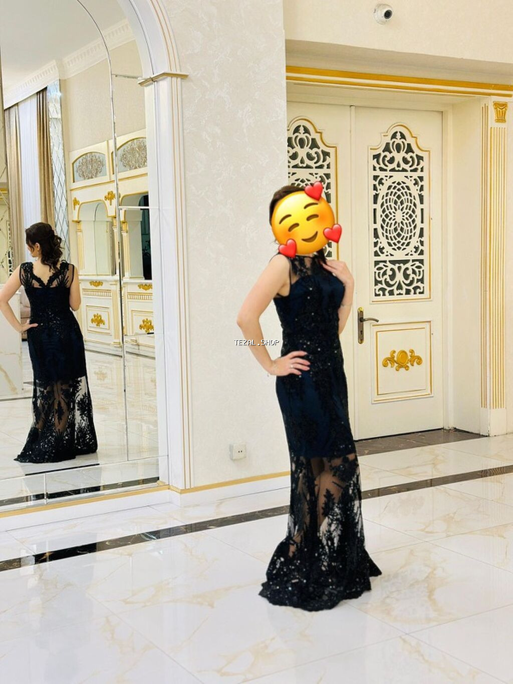 Şık gecə/libas – lacivərt əsaslı, qara krujeva ilə işlənmiş uzun model - şəkil 2